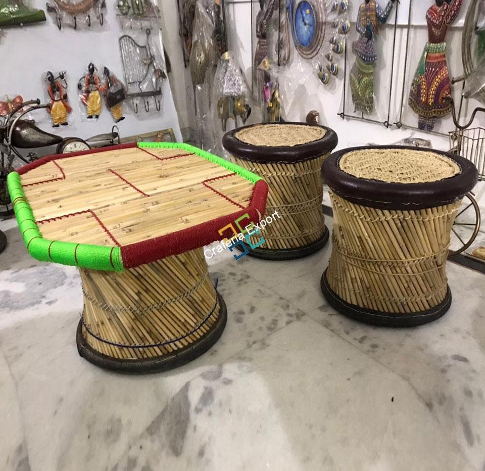 Natural Extra Large bamboo mudha Stool with handmade bamboo table(Set Of 3)