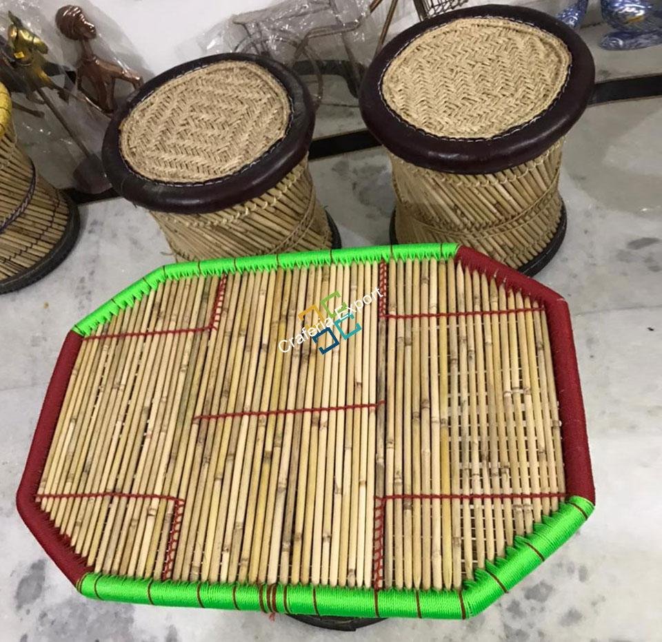 Natural Extra Large bamboo mudha Stool with handmade bamboo table(Set Of 3) - Image 4