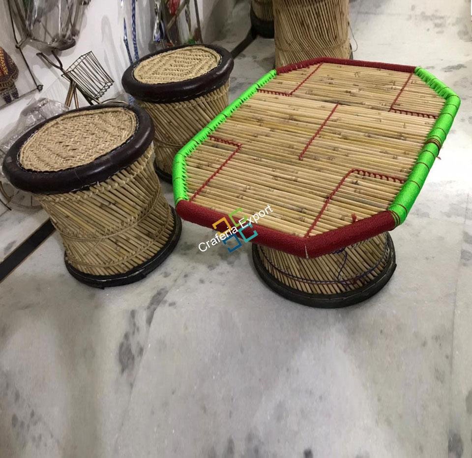 Natural Extra Large bamboo mudha Stool with handmade bamboo table(Set Of 3) - Image 5