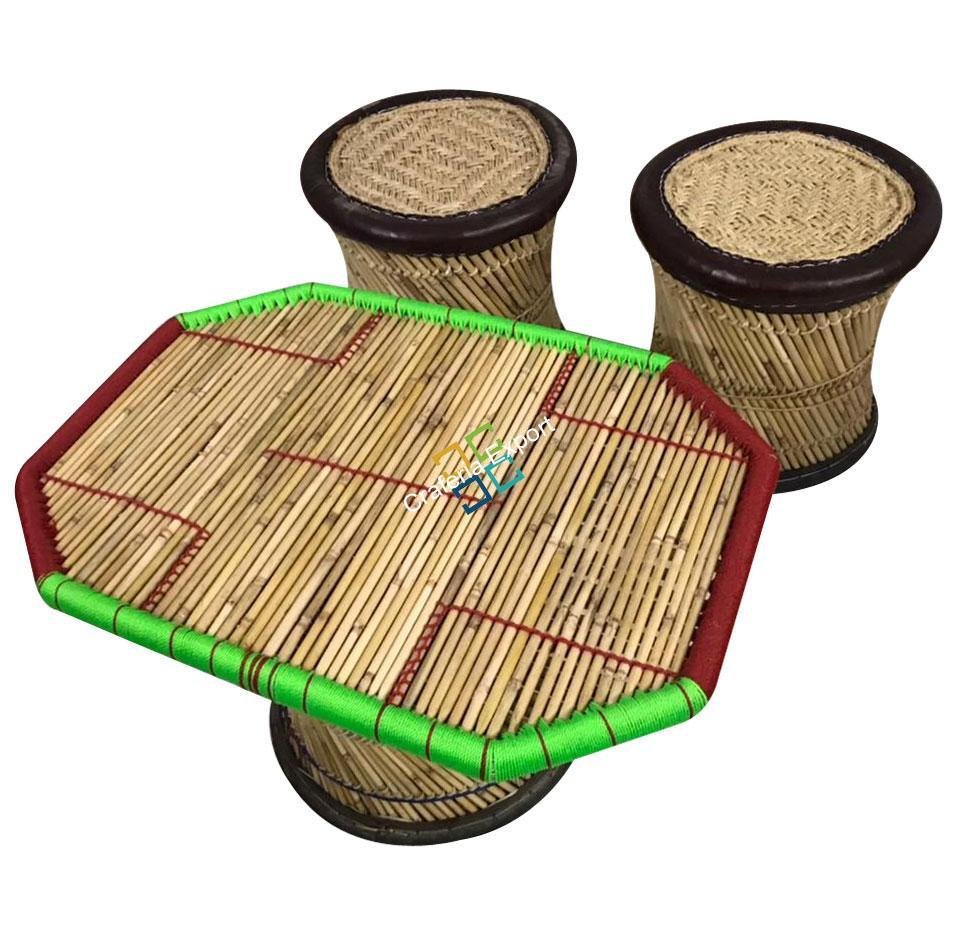 Natural Extra Large bamboo mudha Stool with handmade bamboo table(Set Of 3) - Image 2
