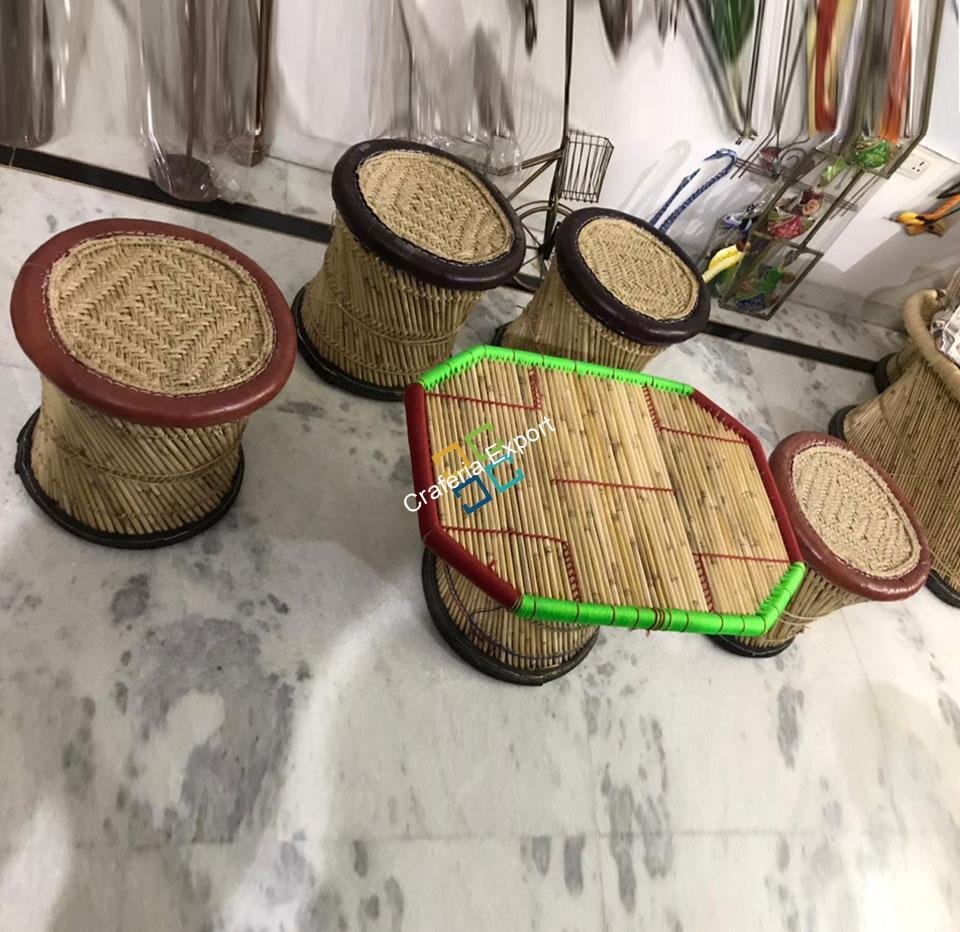 Handcrafted Extra Large Mudha Stools With Table For Sitting Indoor/Outdoors Set Of 5 - Image 2