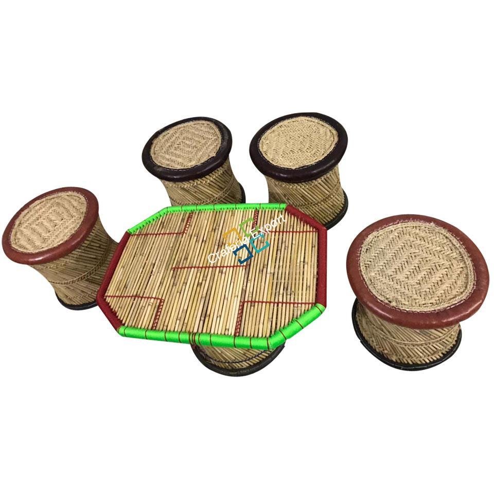 Handcrafted Extra Large Mudha Stools With Table For Sitting Indoor/Outdoors Set Of 5 - Image 3