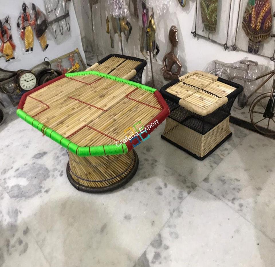 Natural Medium Size Rope Mudha Stool With Handmade Bamboo Table(Set Of 3)