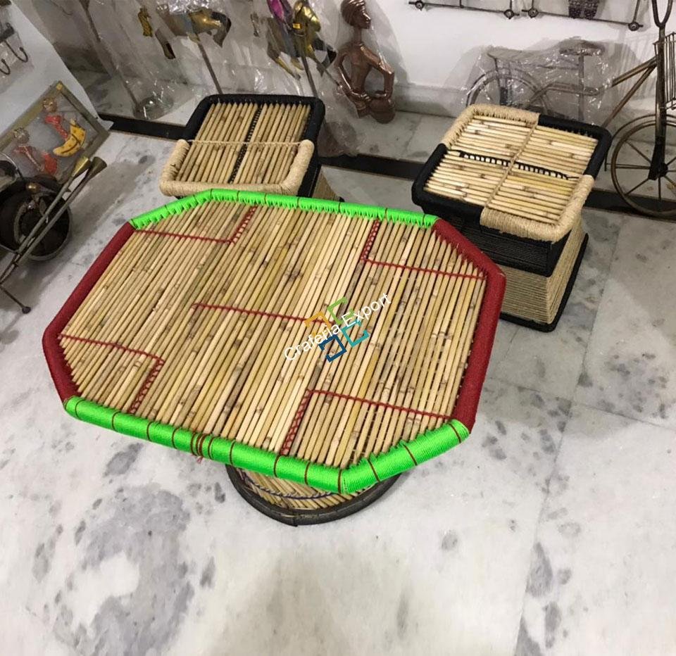 Natural Medium Size Rope Mudha Stool With Handmade Bamboo Table(Set Of 3) - Image 4