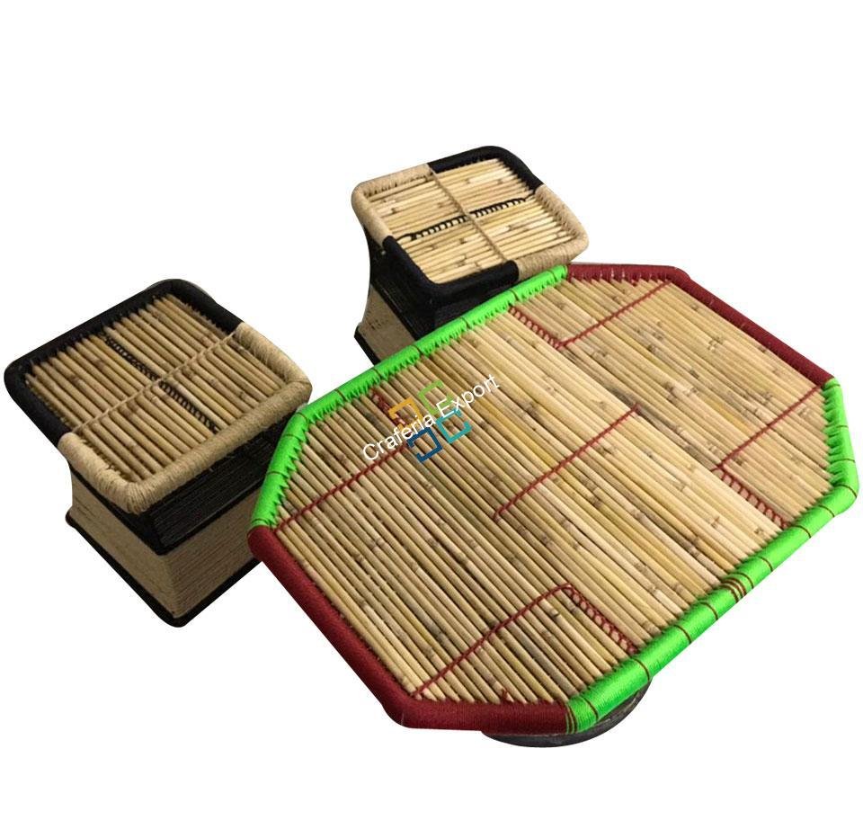 Natural Medium Size Rope Mudha Stool With Handmade Bamboo Table(Set Of 3) - Image 2