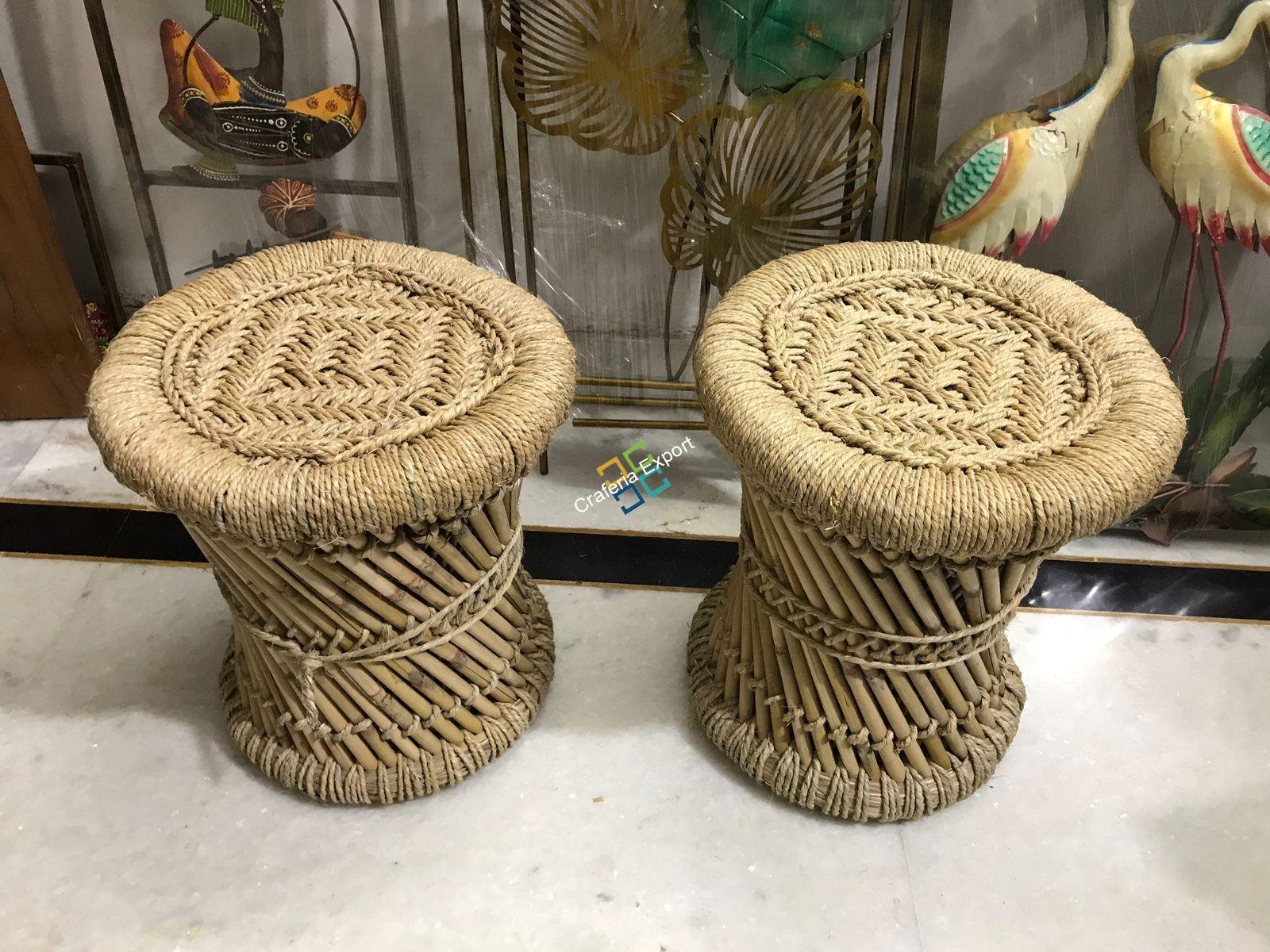 Natural Bamboo Cane Mudda stools /Mudha Set of 2 - Image 2
