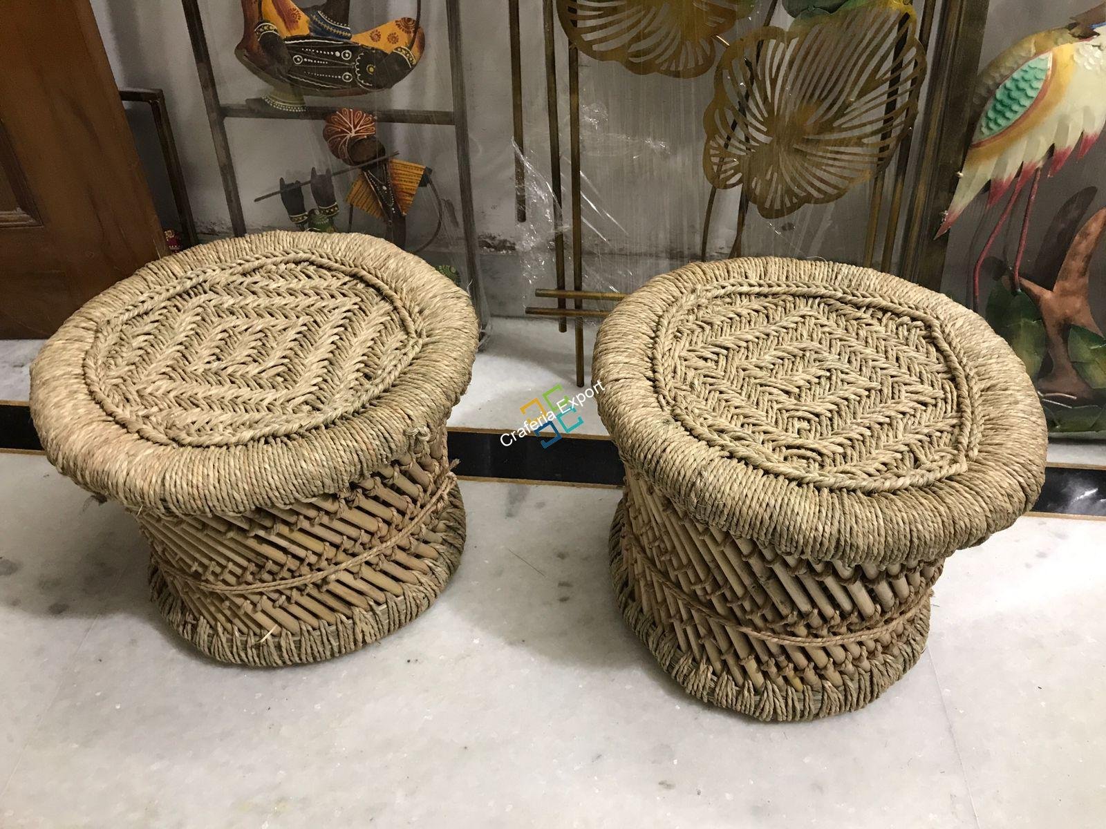 Natural Bamboo Cane Mudda stools /Mudha Set of 2 - Image 4