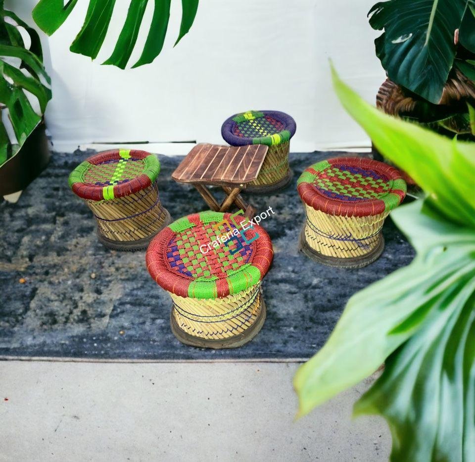 Bamboo Mudda Cane Stools for Indoor and Outdoor Furniture with folding wooden table - Image 3