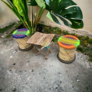 Bamboo Mudda Cane Stools for Indoor and Outdoor Furniture with folding wooden table