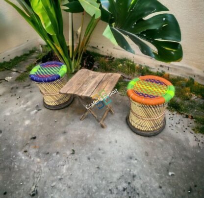 Bamboo Mudda Cane Stools for Indoor and Outdoor Furniture with folding wooden table