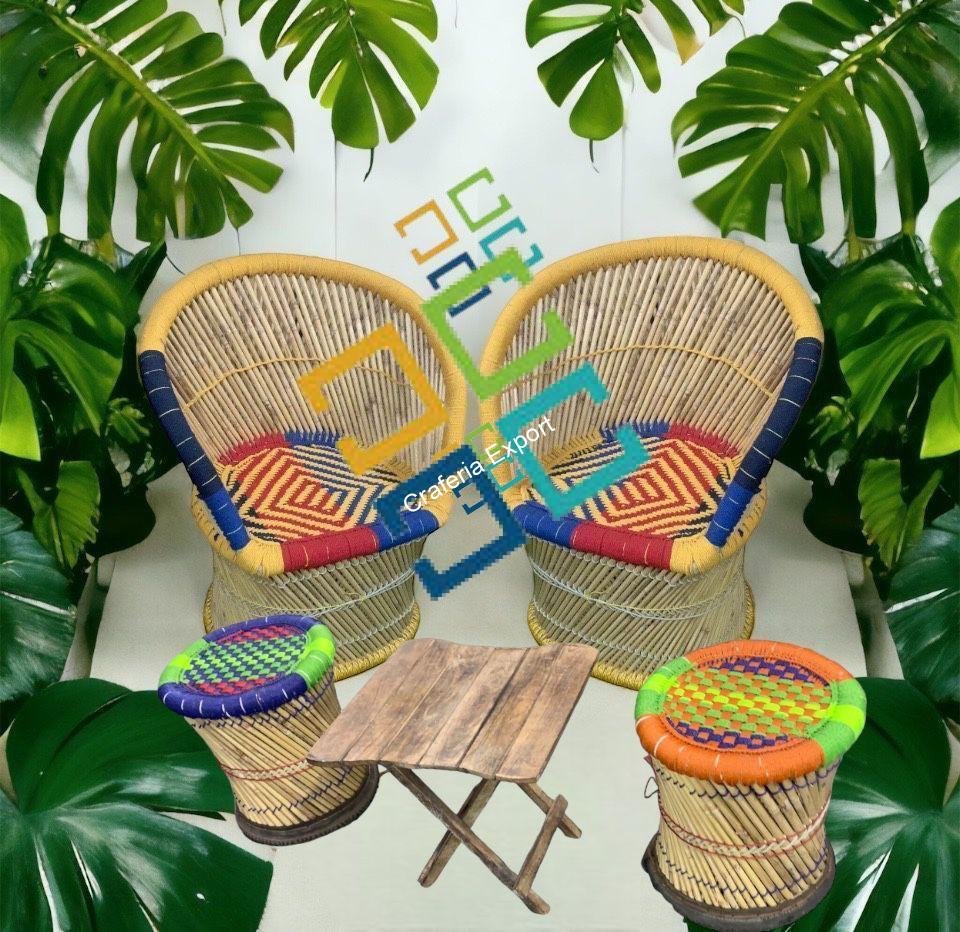 Bamboo cane Mudda chair folding table set for indoor and outdoor