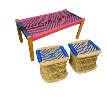 Small Charpai Bench with Bamboo Square Mudda Stools | Wooden Bench with Pidha Stools - Image 2