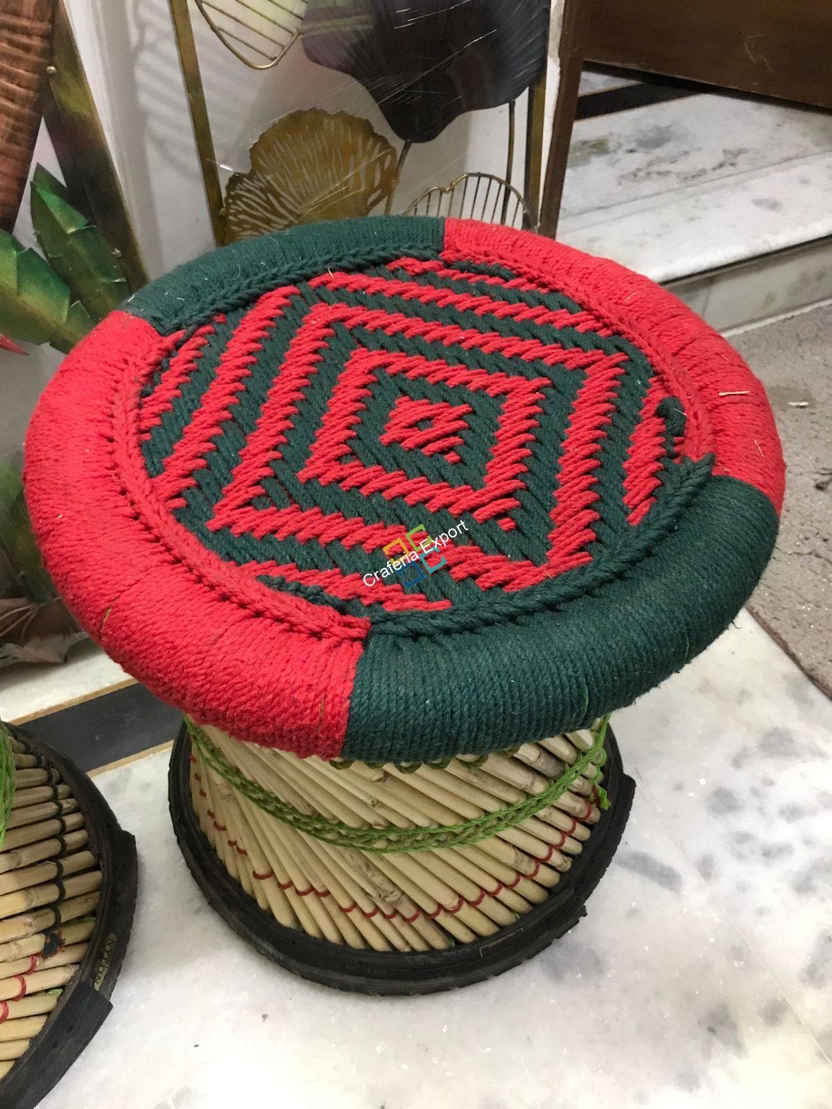 Bamboo Crafted Mudha Set of 4 Large Mudha Stools and 1 Table - Image 2