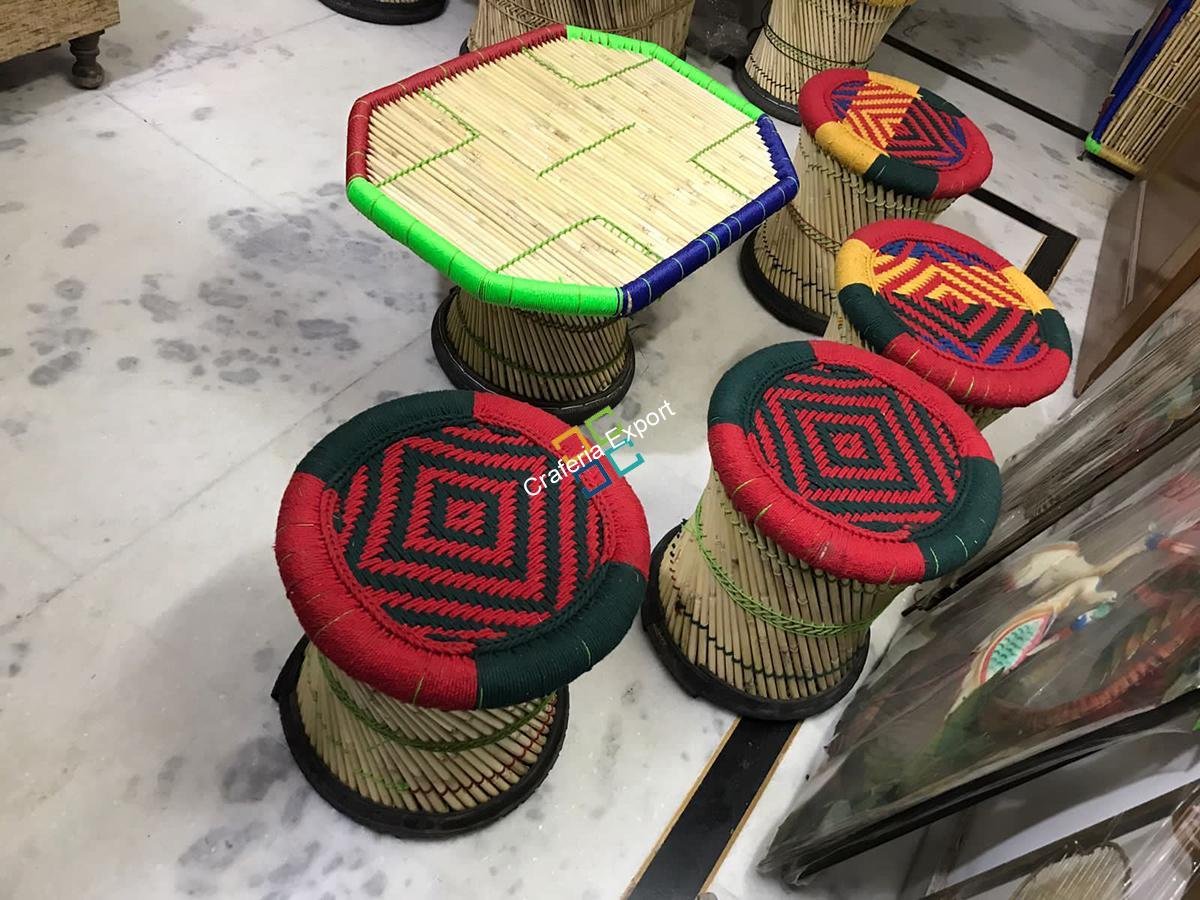 Bamboo Crafted Mudha Set of 4 Large Mudha Stools and 1 Table - Image 5