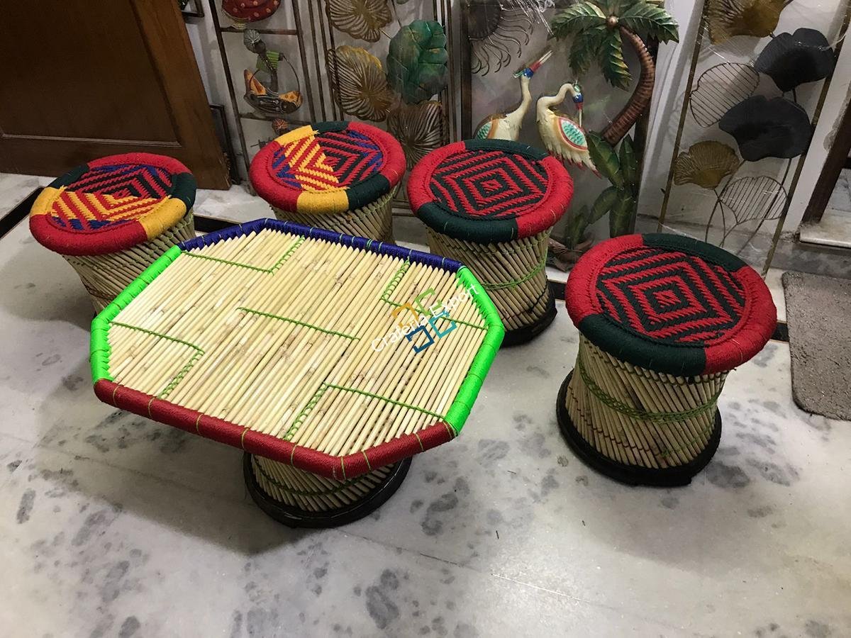 Bamboo Crafted Mudha Set of 4 Large Mudha Stools and 1 Table - Image 7