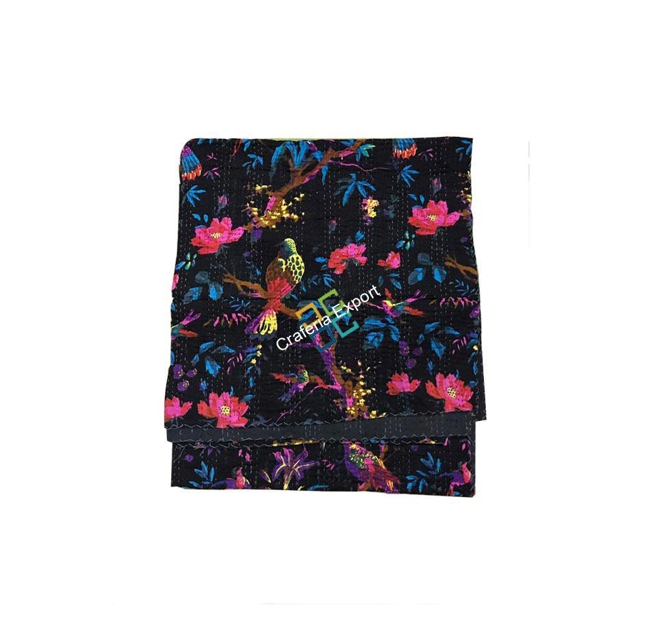 Handmade Bird Print Double Bed Kantha Quilt/ Bedspread/Indian Kantha Throw / Indian Cotton Kantha Quilts, 100% cotton, 220 X 270 cms - Image 3