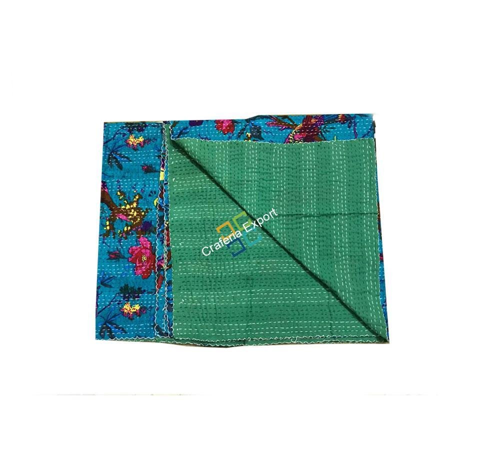 Handmade Bird Print Double Bed Kantha Quilt/ Bedspread/Indian Kantha Throw / Indian Cotton Kantha Quilts, 100% cotton, 220 X 270 cms