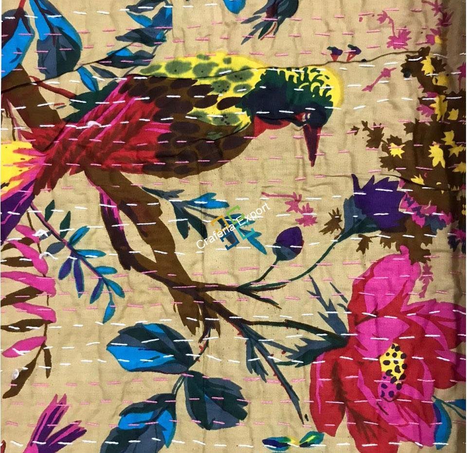 Handmade Bird Print Double Bed Kantha Quilt/ Bedspread/Indian Kantha Throw / Indian Cotton Kantha Quilts, 100% cotton, 220 X 270 cms - Image 5