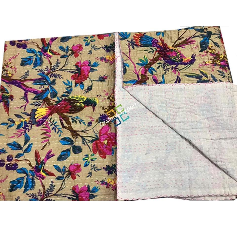 Handmade Bird Print Double Bed Kantha Quilt/ Bedspread/Indian Kantha Throw / Indian Cotton Kantha Quilts, 100% cotton, 220 X 270 cms - Image 6