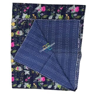 Handmade Flower Print Double Bed Kantha Quilt, Kantha Bedspread, Indian Kantha Throw, Indian Cotton Kantha Quilts, 100% cotton, 220 X 270 Inches