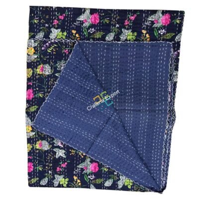 Handmade Flower Print Double Bed Kantha Quilt, Kantha Bedspread, Indian Kantha Throw, Indian Cotton Kantha Quilts, 100% cotton, 220 X 270 Inches