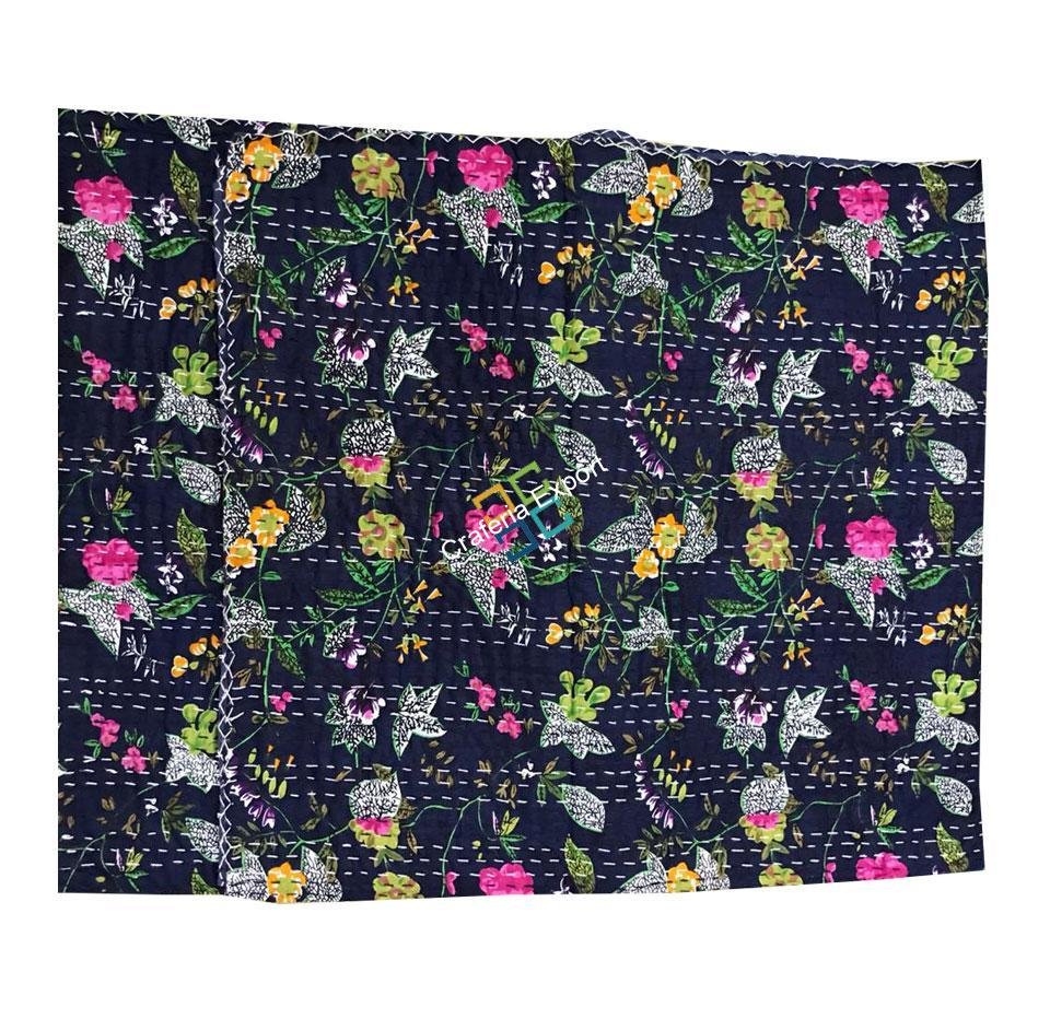 Handmade Flower Print Double Bed Kantha Quilt, Kantha Bedspread, Indian Kantha Throw, Indian Cotton Kantha Quilts, 100% cotton, 220 X 270 Inches - Image 4