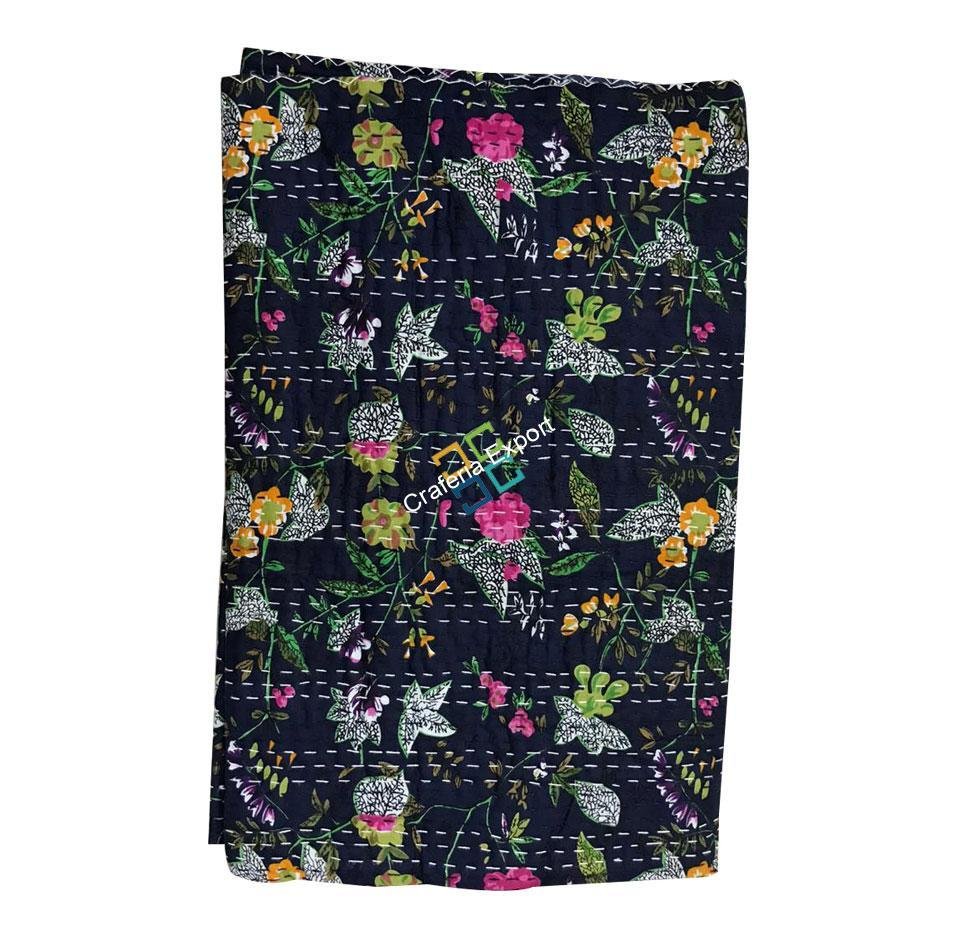 Handmade Flower Print Double Bed Kantha Quilt, Kantha Bedspread, Indian Kantha Throw, Indian Cotton Kantha Quilts, 100% cotton, 220 X 270 Inches - Image 5