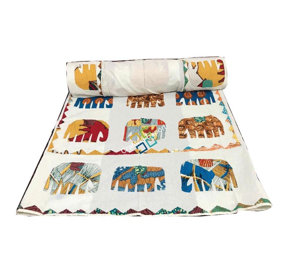 Colourful Elephant Patch Work Jaipuri Quilt/ Dohar/ Razai, 100% Cotton single Bed Bedspread - Image 7