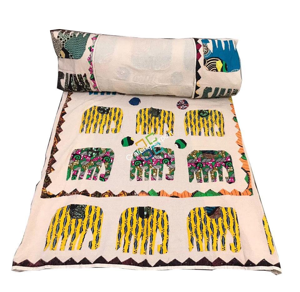 Colourful Elephant Patch Work Jaipuri Quilt/ Dohar/ Razai, 100% Cotton single Bed Bedspread - Image 2