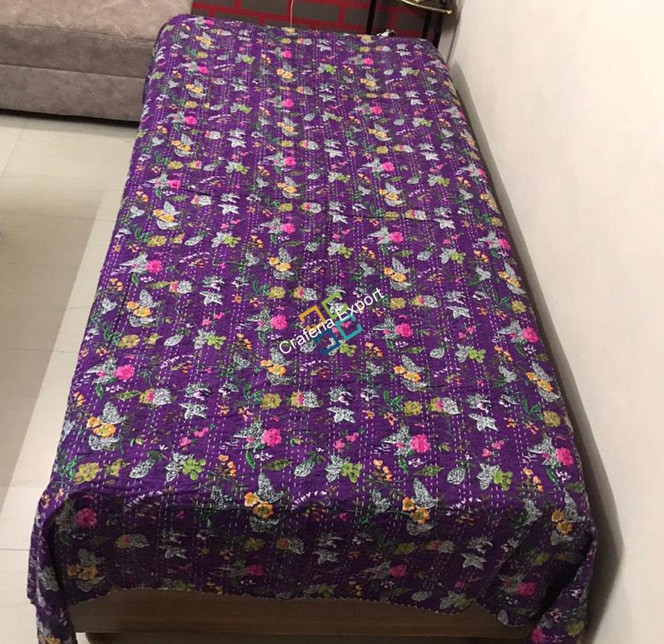 Flower Print Purple Kantha Quilt/ Dohar/ Razai, 100% Cotton Single Bed AC Quilt - Image 2