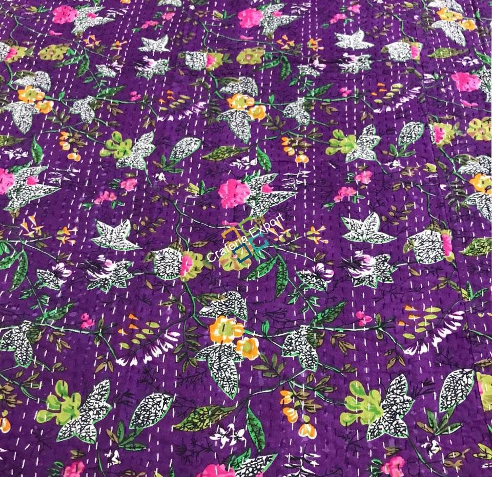 Flower Print Purple Kantha Quilt/ Dohar/ Razai, 100% Cotton Single Bed AC Quilt - Image 3