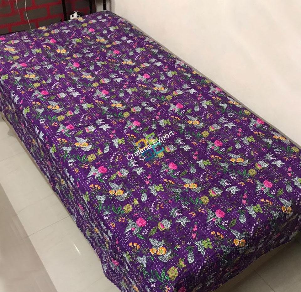 Flower Print Purple Kantha Quilt/ Dohar/ Razai, 100% Cotton Single Bed AC Quilt