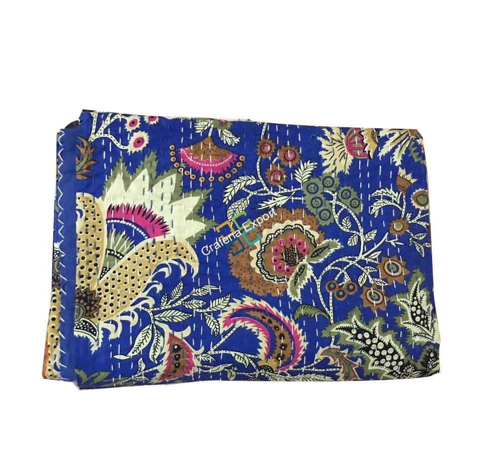 Flower Print Blue Kantha Quilt/ Dohar/ Razai, 100% Cotton Single Bed AC Quilt - Image 4