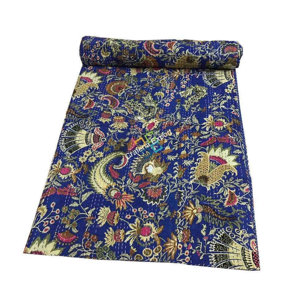 Flower Print Blue Kantha Quilt/ Dohar/ Razai, 100% Cotton Single Bed AC Quilt - Image 3