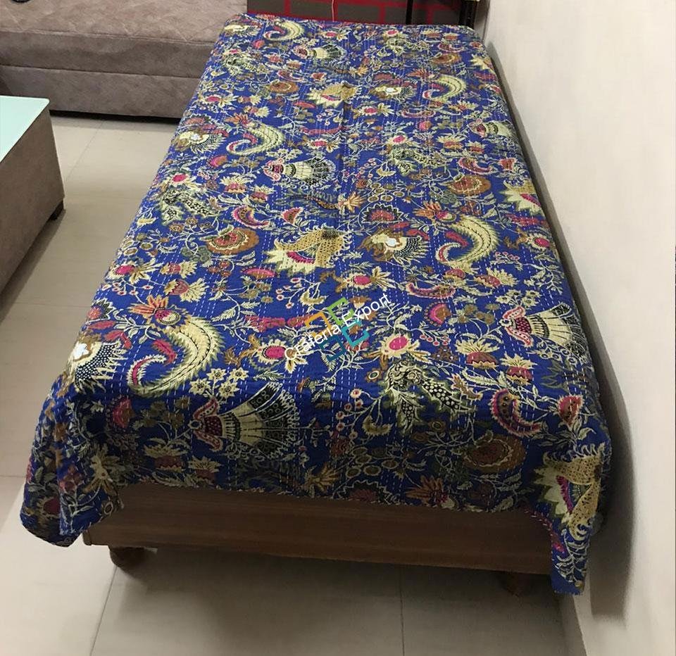 Flower Print Blue Kantha Quilt/ Dohar/ Razai, 100% Cotton Single Bed AC Quilt - Image 2