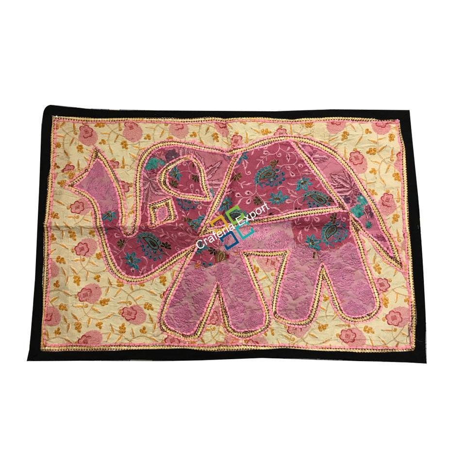 Royal Elephant Embroidery Work Jaipuri Table Runner/ Wall Hanging -Baby Pink