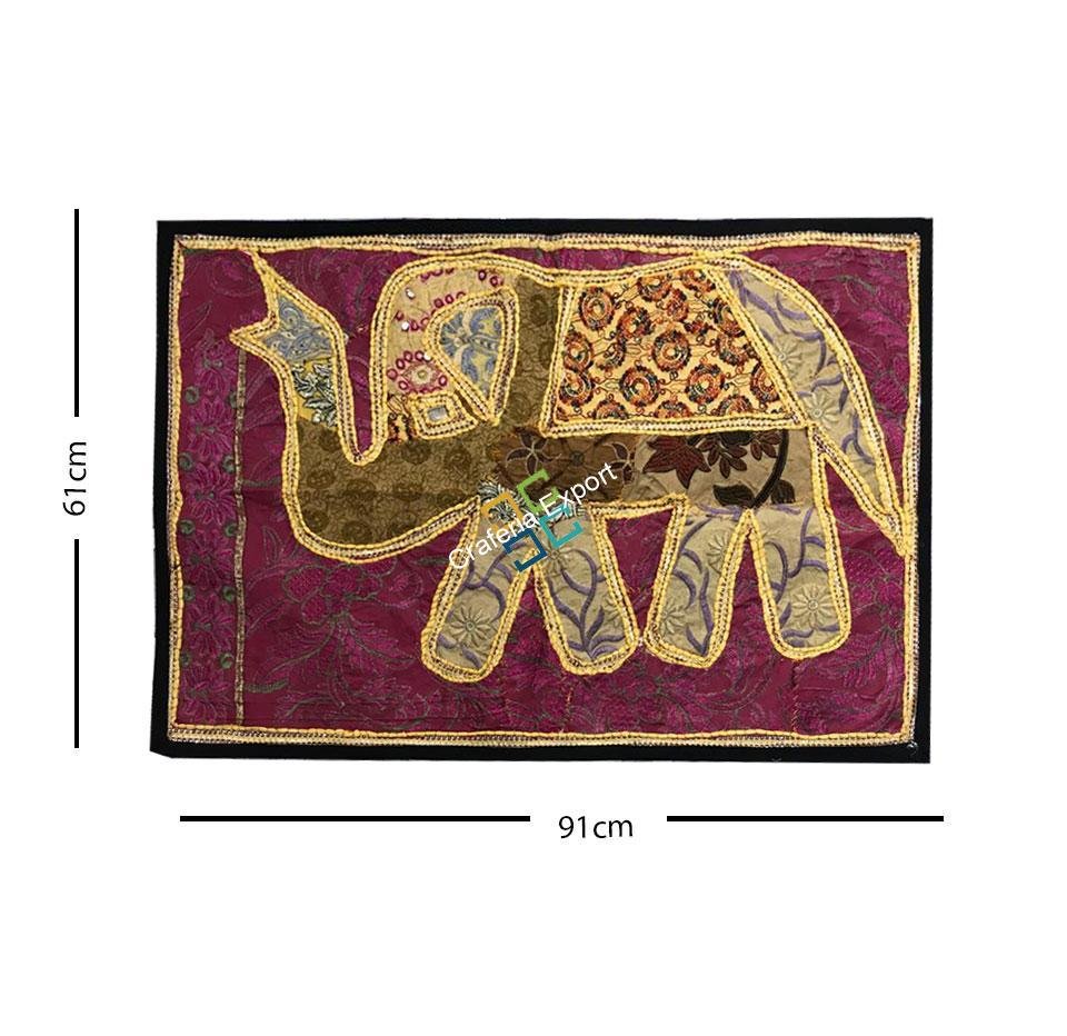 Royal Elephant Embroidery Work Jaipuri Table Runner/ Wall Hanging -Baby Pink - Image 4