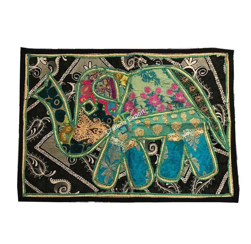 Magnificent Elephant Embroidery Work Jaipuri Wall Hanging/Table Runner -Grey - Image 4