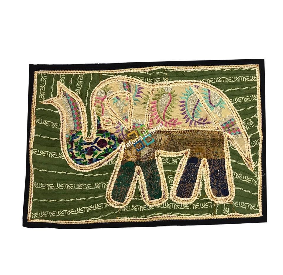 Magnificent Elephant Embroidery Work Jaipuri Wall Hanging/Table Runner -Grey