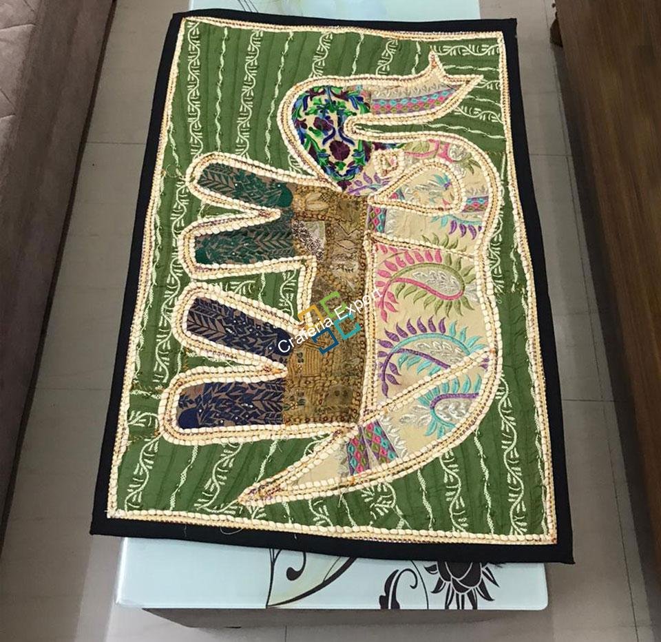 Magnificent Elephant Embroidery Work Jaipuri Wall Hanging/Table Runner -Grey - Image 2
