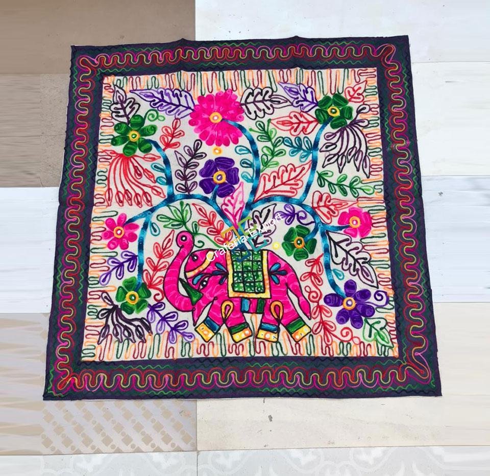 Handmade Embroidery Elephant Design vintage table cloth / throw for table-Teal - Image 2