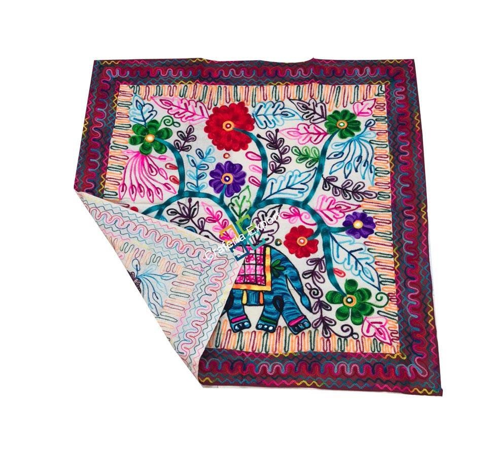 Handmade Embroidery Elephant Design vintage table cloth / throw for table-Teal - Image 4