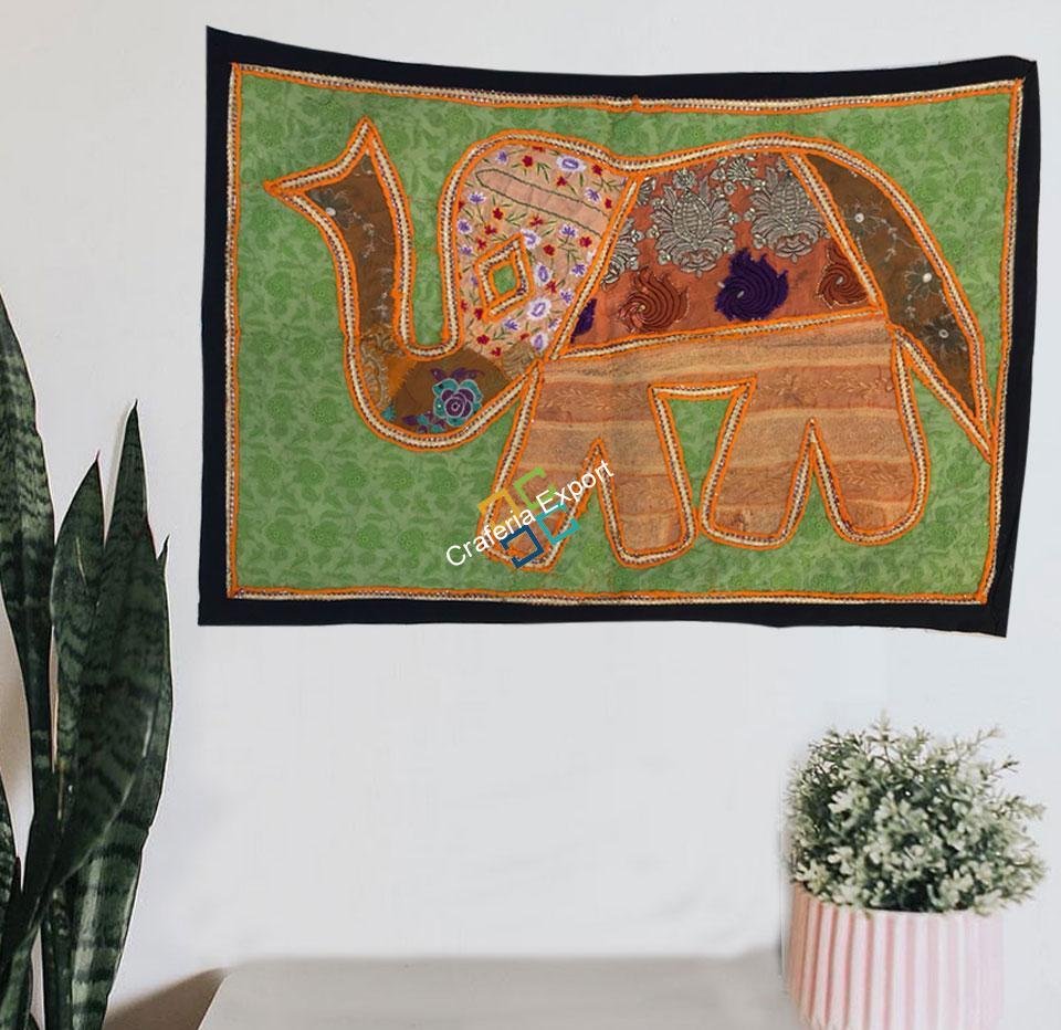 Elephant Embroidery Work Jaipuri Table Runner/ Wall Hanging-Maize