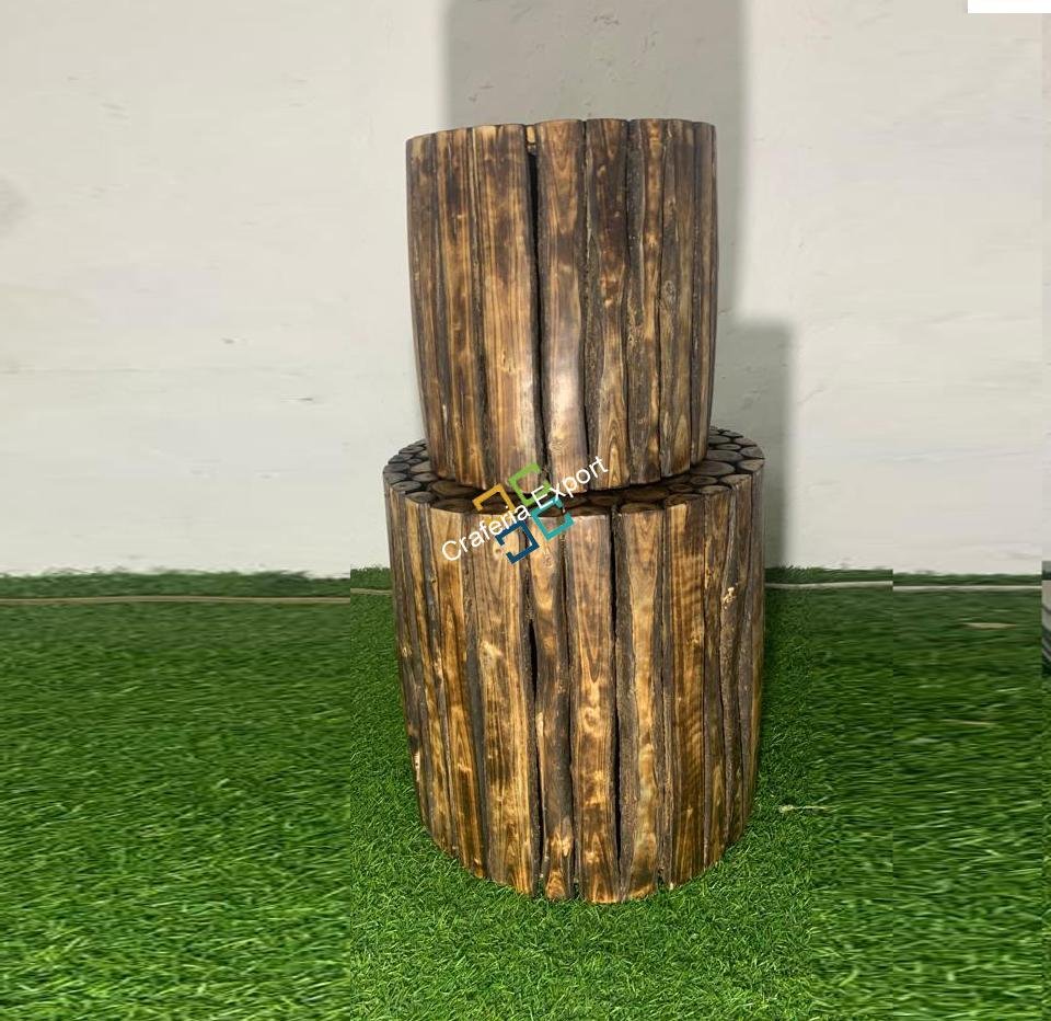 Round Shaped Wooden Coffee Table Log Stool/Bedside Table (Set of 2) - Image 2