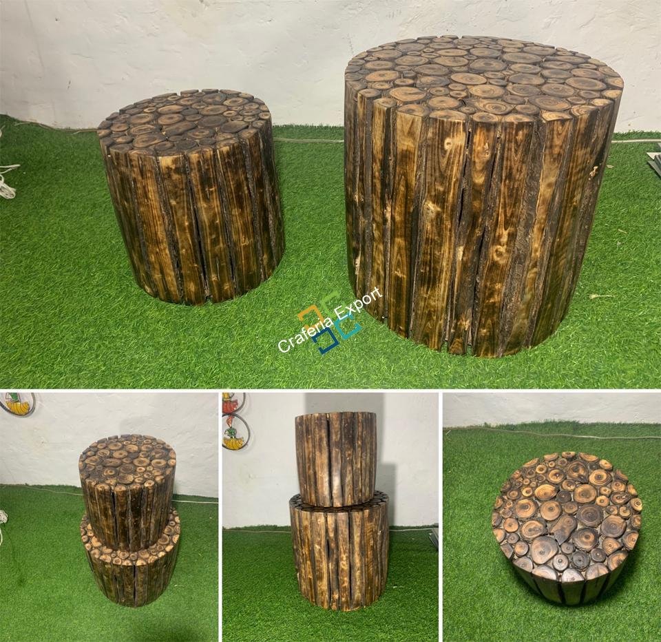 Round Shaped Wooden Coffee Table Log Stool/Bedside Table (Set of 2) - Image 3