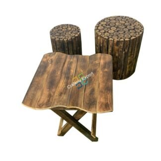 Solid Wood Square Coffee Table With 2 Log Stool (Set of 3) | Garden Furniture For Any living Space