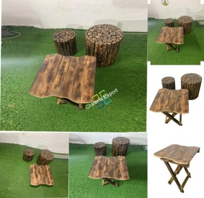 Solid Wood Square Coffee Table With 2 Log Stool (Set of 3) | Garden Furniture For Any living Space - Image 7