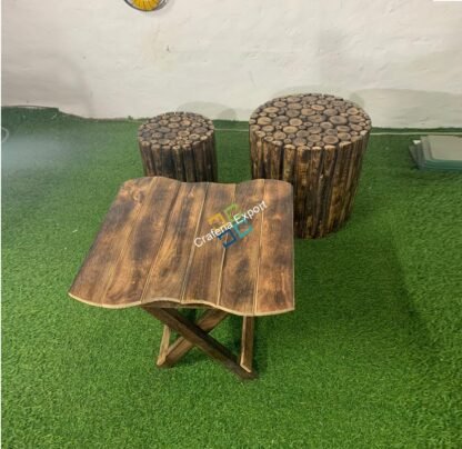 Solid Wood Square Coffee Table With 2 Log Stool (Set of 3) | Garden Furniture For Any living Space - Image 2
