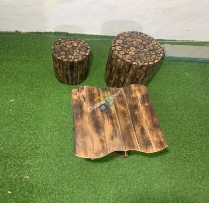 Solid Wood Square Coffee Table With 2 Log Stool (Set of 3) | Garden Furniture For Any living Space - Image 4