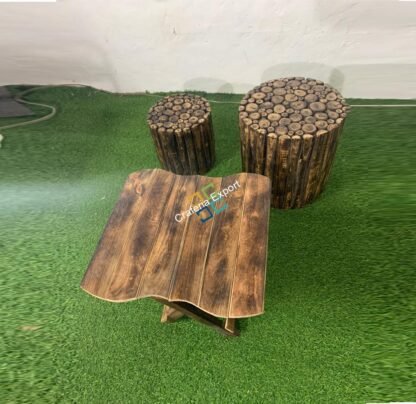Solid Wood Square Coffee Table With 2 Log Stool (Set of 3) | Garden Furniture For Any living Space - Image 5